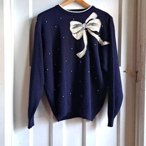XL Navy Pearl Sweater - Preppy Navy Bow sweater - Vintage Alfred Dunner